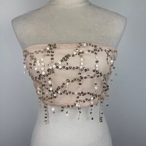 Blush Pink Mesh Sequin Fringe Tie Back Tube Top Bandeau Gold Dangle Accents Glam